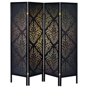 English Elm Black 4-Panel Folding Screen with Diamond Scrollwork Motif — Elegant Room Divider for Privacy & Style B062P145532