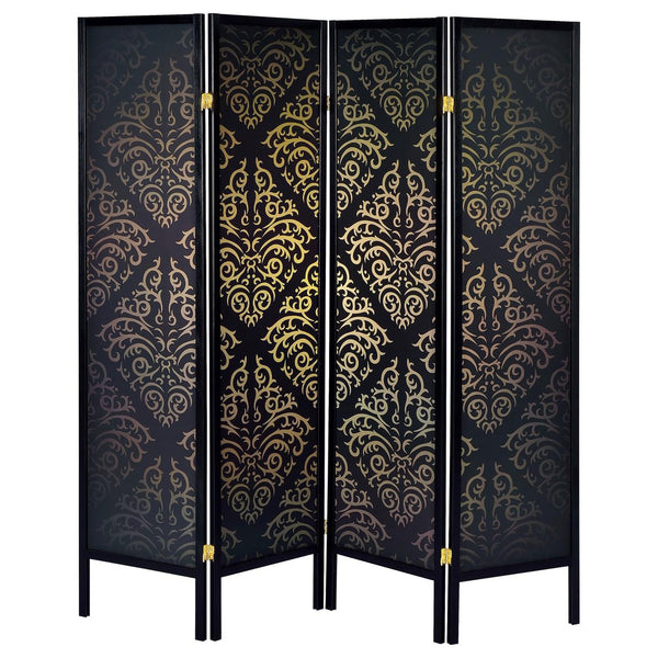 English Elm Black 4-Panel Folding Screen with Diamond Scrollwork Motif — Elegant Room Divider for Privacy & Style B062P145532