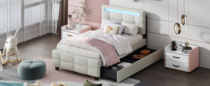 English Elm Twin Upholstered Platform Bed with LED Frame, 4 Underbed Drawers, Linen Upholstery, Beige Chic SF000097AAA