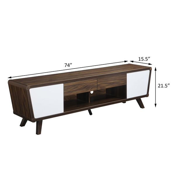 English Elm Dark Walnut and Glossy White TV Console with 2 Doors 2 Drawers Mid-Century Modern Storage for 70" B062P145536