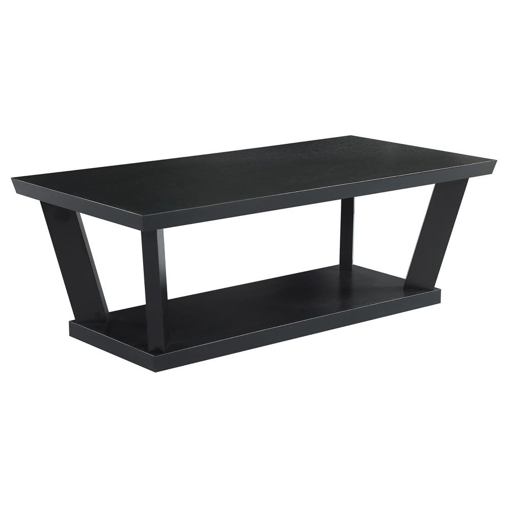 English Elm Black 3-piece occasional set with bottom shelf — Modern rectangular coffee table and two end tables, bold black finish, plank-style legs and open lower shelves for storage and display in contemporary living rooms B062P145538