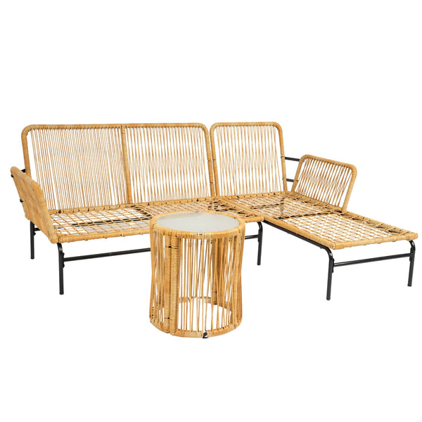 English Elm 3 Pieces Outdoor Patio Wicker Furniture Set – Light, Sturdy Metal Frame, All-Weather Wicker, 3.15" Cushions, Natural Yellow & Creme W329S00038