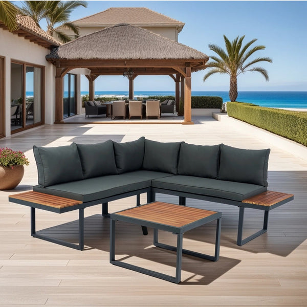 English Elm 4 Piece L-Shaped Patio Wicker Sectional Sofa Set With Dark Grey Cushions & Side Table For Outdoor Comfort W329S00031