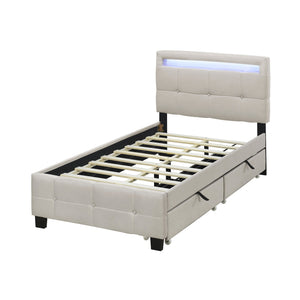 English Elm Twin Upholstered Platform Bed with LED Frame, 4 Underbed Drawers, Linen Upholstery, Beige Chic SF000097AAA