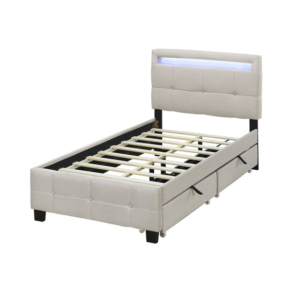 English Elm Twin Upholstered Platform Bed with LED Frame, 4 Underbed Drawers, Linen Upholstery, Beige Chic SF000097AAA