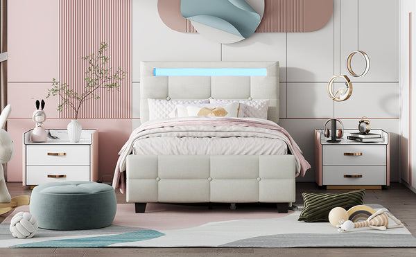 English Elm Twin Upholstered Platform Bed with LED Frame, 4 Underbed Drawers, Linen Upholstery, Beige Chic SF000097AAA