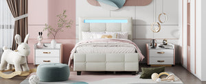 English Elm Twin Upholstered Platform Bed with LED Frame, 4 Underbed Drawers, Linen Upholstery, Beige Chic SF000097AAA