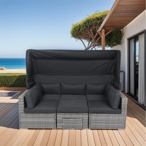English Elm 7-Piece Patio Set w/ Retractable Canopy, Modular PE Wicker Sectional Sofa, Washable Cushions Gray W329S00029