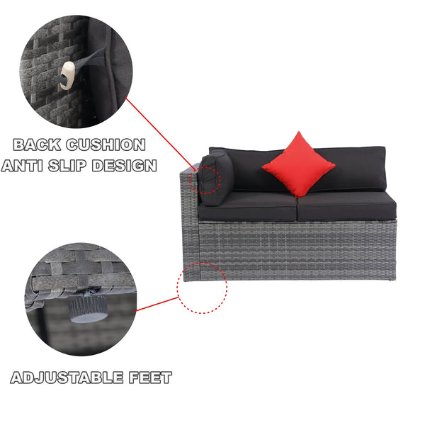 English Elm 5 PE Rattan Sectional Outdoor Sofa Set with 2 Loveseats 2 Armless Seats Table Cushions Pillows Black+Grey W329S00028