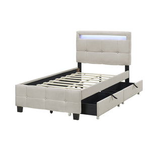 English Elm Twin Upholstered Platform Bed with LED Frame, 4 Underbed Drawers, Linen Upholstery, Beige Chic SF000097AAA