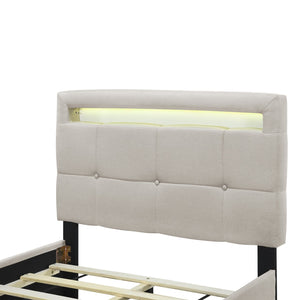 English Elm Twin Upholstered Platform Bed with LED Frame, 4 Underbed Drawers, Linen Upholstery, Beige Chic SF000097AAA