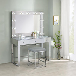 English Elm Light Upholstered Square Vanity Stool with Chrome Base, Padded Faux Leather Seat for Modern Comfort and Style B062P145504