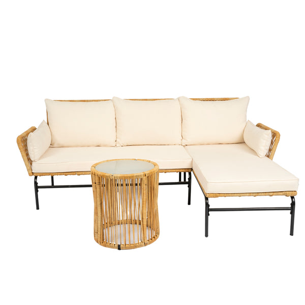 English Elm 3 Pieces Outdoor Patio Wicker Furniture Set – Light, Sturdy Metal Frame, All-Weather Wicker, 3.15" Cushions, Natural Yellow & Creme W329S00038