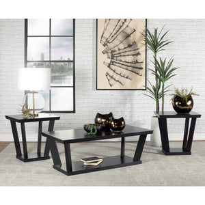 English Elm Black 3-piece occasional set with bottom shelf — Modern rectangular coffee table and two end tables, bold black finish, plank-style legs and open lower shelves for storage and display in contemporary living rooms B062P145538