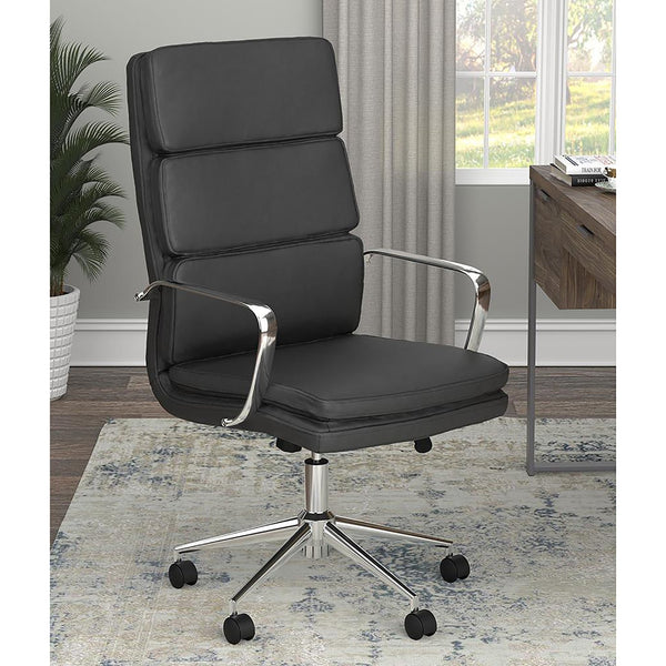 English Elm Black Upholstered Office Chair with Chrome Arms & Casters — Modern Minimalist Design, Adjustable Comfort B062P145550