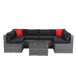 English Elm 5 PE Rattan Sectional Outdoor Sofa Set with 2 Loveseats 2 Armless Seats Table Cushions Pillows Black+Grey W329S00028