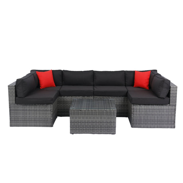 English Elm 5 PE Rattan Sectional Outdoor Sofa Set with 2 Loveseats 2 Armless Seats Table Cushions Pillows Black+Grey W329S00028
