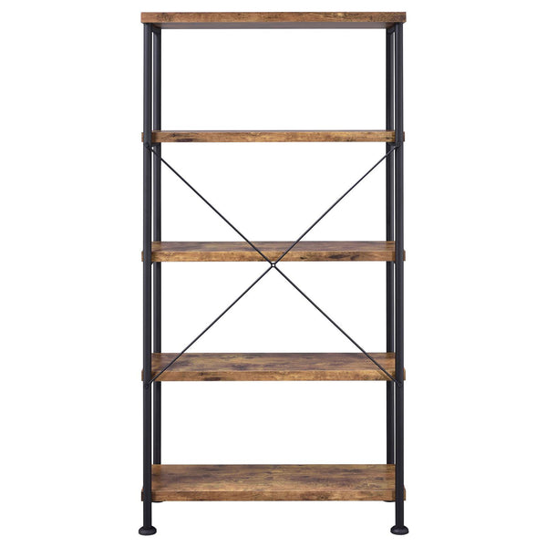 English Elm Antique Rustic Nutmeg & Black 4-Shelf Industrial Bookcase — Sleek Minimal Profile, Sturdy Steel Frame B062P145622