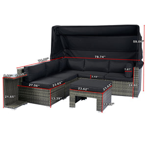 English Elm 7-Piece Patio Set w/ Retractable Canopy, Modular PE Wicker Sectional Sofa, Washable Cushions Gray W329S00029