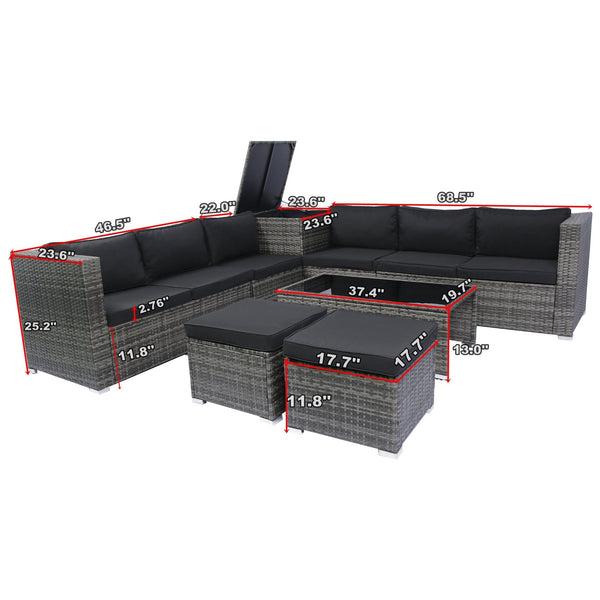 English Elm 8 Piece Patio Sectional Set Modular Wicker Rattan Outdoor Sofa with Large Under-Seat Storage Box W329S00030