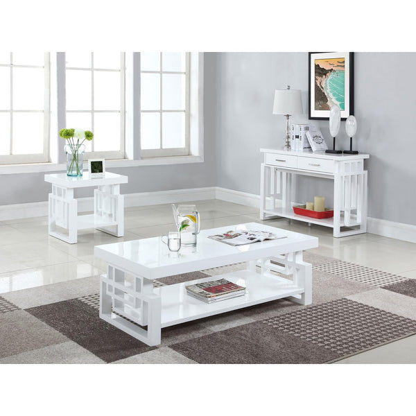 English Elm High High Glossy White Rectangular Coffee Table with Geometric Cutouts Open Shelf Modern Storage Glam B062P145542