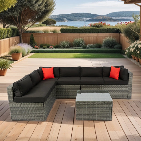 English Elm 5 PE Rattan Sectional Outdoor Sofa Set with 2 Loveseats 2 Armless Seats Table Cushions Pillows Black+Grey W329S00028