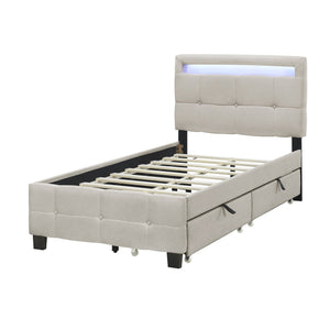 English Elm Twin Upholstered Platform Bed with LED Frame, 4 Underbed Drawers, Linen Upholstery, Beige Chic SF000097AAA
