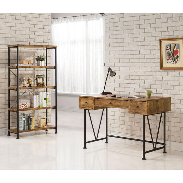 English Elm Antique Rustic Nutmeg & Black 4-Shelf Industrial Bookcase — Sleek Minimal Profile, Sturdy Steel Frame B062P145622