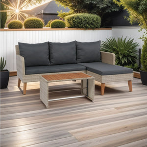 English Elm 3 Piece Patio Sectional Wicker Rattan Sofa Set with Acacia Wood Table Natural Yellow Wicker Cushions Durable Weather-Resistant Construction W329S00037