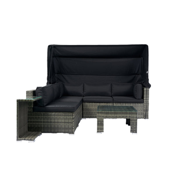 English Elm 7-Piece Patio Set w/ Retractable Canopy, Modular PE Wicker Sectional Sofa, Washable Cushions Gray W329S00029