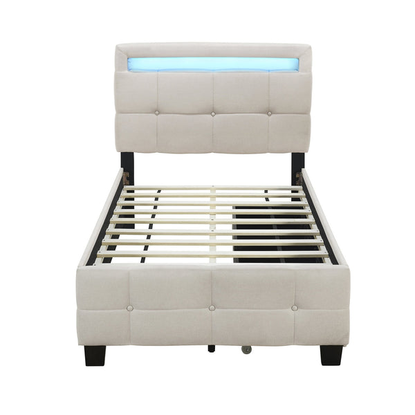 English Elm Twin Upholstered Platform Bed with LED Frame, 4 Underbed Drawers, Linen Upholstery, Beige Chic SF000097AAA