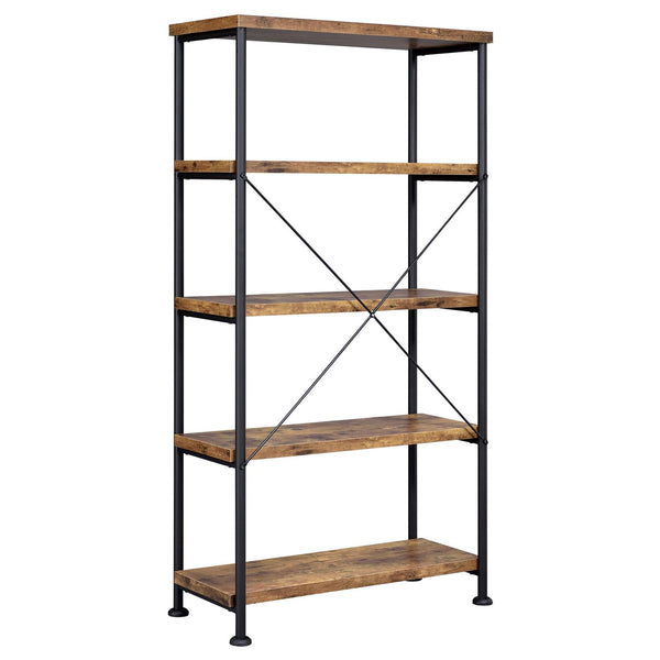 English Elm Antique Rustic Nutmeg & Black 4-Shelf Industrial Bookcase — Sleek Minimal Profile, Sturdy Steel Frame B062P145622