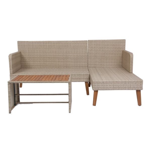 English Elm 3 Piece Patio Sectional Wicker Rattan Sofa Set with Acacia Wood Table Natural Yellow Wicker Cushions Durable Weather-Resistant Construction W329S00037