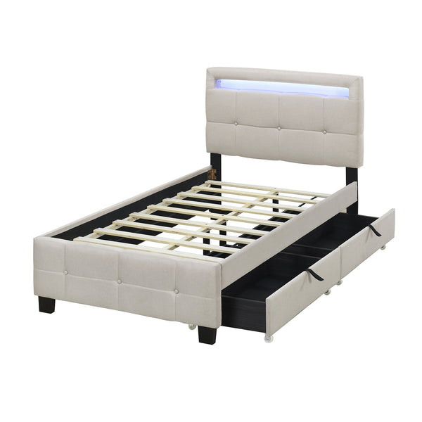 English Elm Twin Upholstered Platform Bed with LED Frame, 4 Underbed Drawers, Linen Upholstery, Beige Chic SF000097AAA
