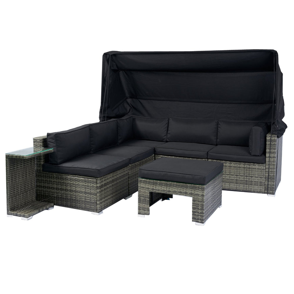 English Elm 7-Piece Patio Set w/ Retractable Canopy, Modular PE Wicker Sectional Sofa, Washable Cushions Gray W329S00029