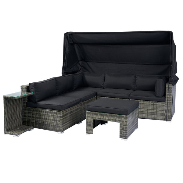 English Elm 7-Piece Patio Set w/ Retractable Canopy, Modular PE Wicker Sectional Sofa, Washable Cushions Gray W329S00029