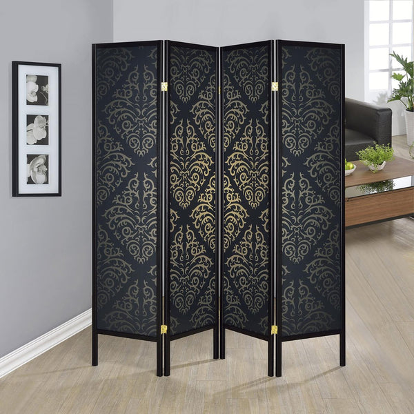 English Elm Black 4-Panel Folding Screen with Diamond Scrollwork Motif — Elegant Room Divider for Privacy & Style B062P145532