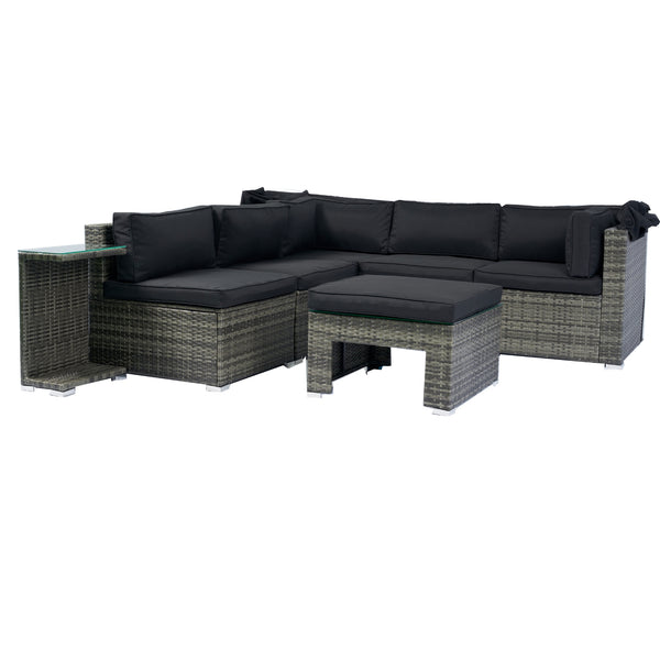 English Elm 7-Piece Patio Set w/ Retractable Canopy, Modular PE Wicker Sectional Sofa, Washable Cushions Gray W329S00029