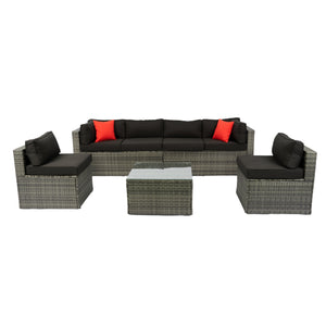 English Elm 5 PE Rattan Sectional Outdoor Sofa Set with 2 Loveseats 2 Armless Seats Table Cushions Pillows Black+Grey W329S00028