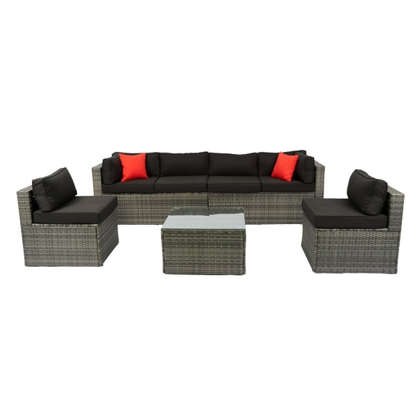 English Elm 5 PE Rattan Sectional Outdoor Sofa Set with 2 Loveseats 2 Armless Seats Table Cushions Pillows Black+Grey W329S00028