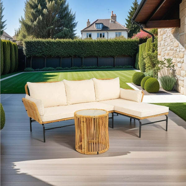 English Elm 3 Pieces Outdoor Patio Wicker Furniture Set – Light, Sturdy Metal Frame, All-Weather Wicker, 3.15" Cushions, Natural Yellow & Creme W329S00038