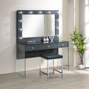 English Elm Dark Grey Upholstered Square Vanity Stool with Chrome Base, Padded Faux Leather Seat for Modern Comfort and Style B062P145505