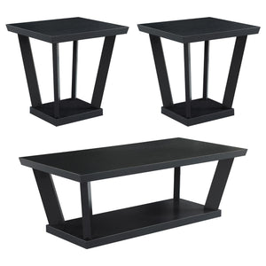 English Elm Black 3-piece occasional set with bottom shelf — Modern rectangular coffee table and two end tables, bold black finish, plank-style legs and open lower shelves for storage and display in contemporary living rooms B062P145538