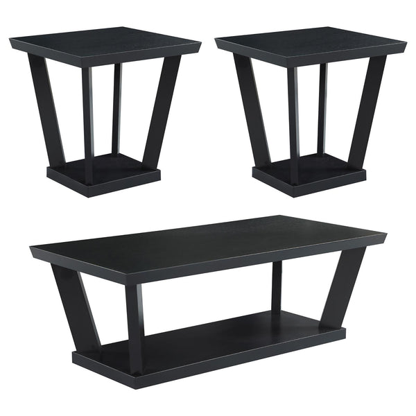 English Elm Black 3-piece occasional set with bottom shelf — Modern rectangular coffee table and two end tables, bold black finish, plank-style legs and open lower shelves for storage and display in contemporary living rooms B062P145538