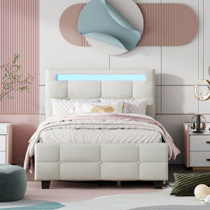 English Elm Twin Upholstered Platform Bed with LED Frame, 4 Underbed Drawers, Linen Upholstery, Beige Chic SF000097AAA