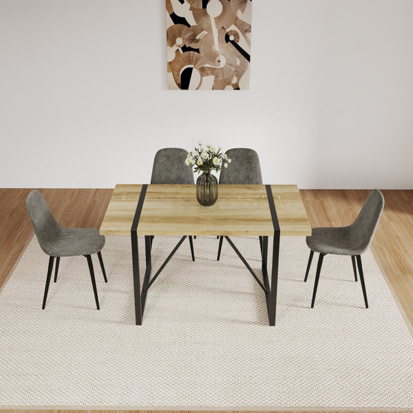 English Elm 55" Mid-Century Modern Dining Table With 4 Suede Chairs, Stylish Metal Base, Easy Assembly & Comfort W2189S00003