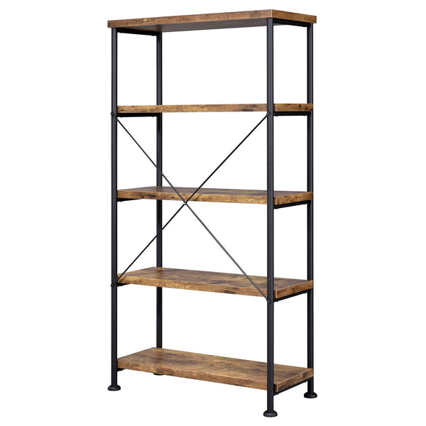 English Elm Antique Rustic Nutmeg & Black 4-Shelf Industrial Bookcase — Sleek Minimal Profile, Sturdy Steel Frame B062P145622
