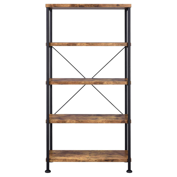 English Elm Antique Rustic Nutmeg & Black 4-Shelf Industrial Bookcase — Sleek Minimal Profile, Sturdy Steel Frame B062P145622