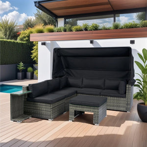 English Elm 7-Piece Patio Set w/ Retractable Canopy, Modular PE Wicker Sectional Sofa, Washable Cushions Gray W329S00029