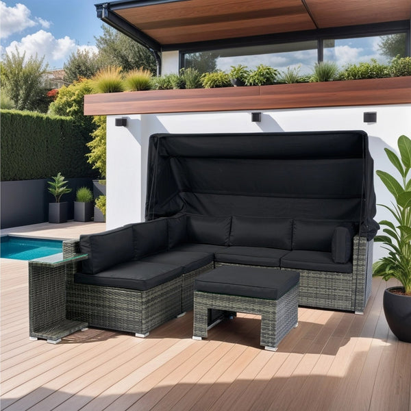 English Elm 7-Piece Patio Set w/ Retractable Canopy, Modular PE Wicker Sectional Sofa, Washable Cushions Gray W329S00029